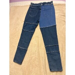 Patchwork Denim Jeans Frayed Hem Distressed Blue Women Size L